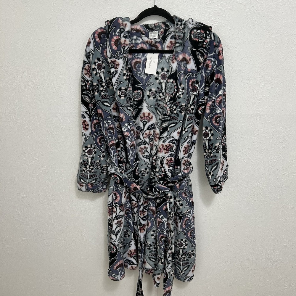 Vera Bradley Robe Gray Paisley Colorful S/M Plush Fleece Paisley Kimono Hooded